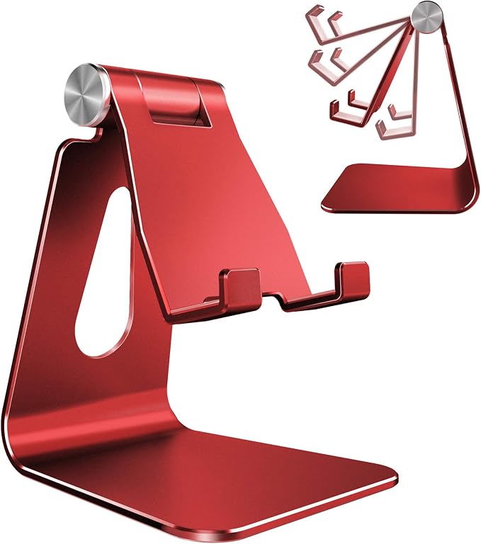 CreaDream Aluminum Cell Phone Stand, Adjustable Phone Holder for Desk | Adjustable Viewing Angle, Desktop Stand, Stable Base, Fits iPhone 17 16 15 14 13 Pro Max Desk Accessories, Red