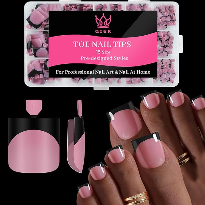 Toe Nails Press On French Tips for Women, 15 Sizes 150 Pcs Sharp Square Pre-applied Primer & Base Coat Toenail Press Ons Baby Pink Full Cover Fake Tips Extension, Builder Nail Gel & Top Coat Required