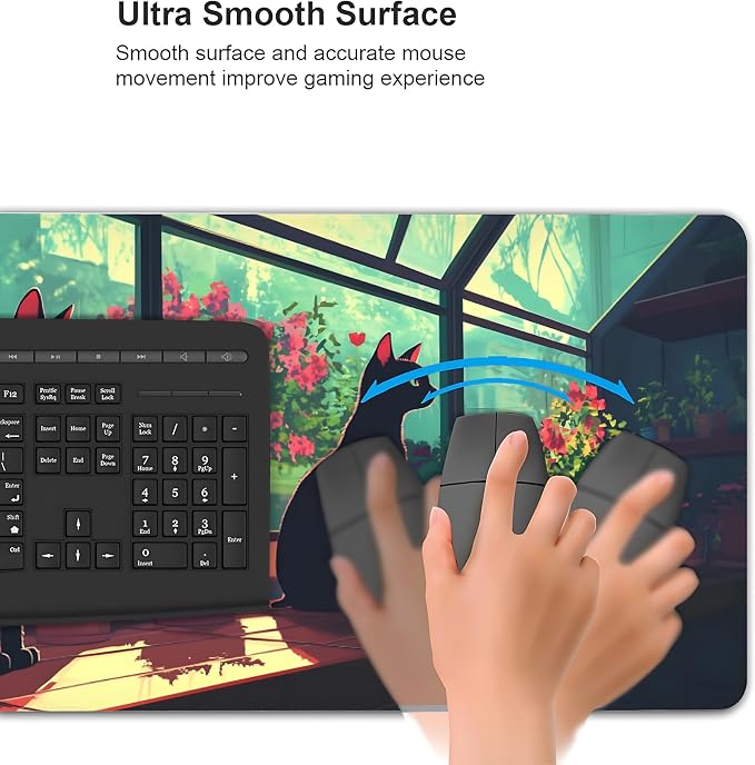 Cute Anime Black Cat Gaming Mouse Pad, Forest Green Anime Desk Mat with Anti-Slip Base & Stitched Edges,35.4" x 15.7" in Desk Accessories for Women, Home Office Decor & Artistic Gift