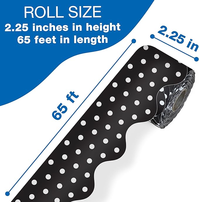 Carson Dellosa Education 65Ft of Black and White Bulletin Board Borders, 1 Roll of Scalloped Trim With Polka Dots for Rolling Whiteboard,Cork & Posterboard, Party, Office Decorations & Classroom Decor