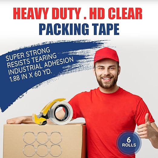 Heavy Duty Packing Tape with Metal Dispenser, Strong HD Clear Packaging Tape, 6 Rolls 1.88 in. x 60 yd. x 2.7MiL, Secure Sealing for Cardboard Package Moving Boxes & Shipping Supplies