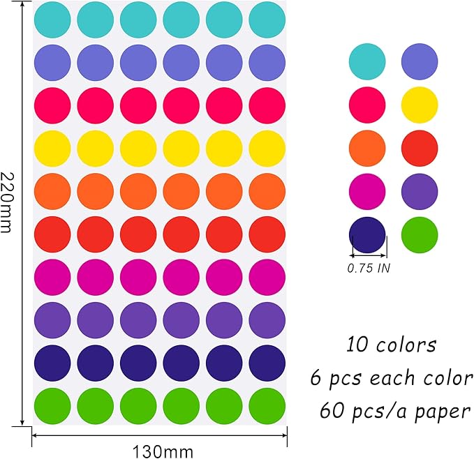 Hoewina 3/4" Colored Dot Stickers, 3000 PCS Label Sticker Round Color Coding Labels, 10 Color Circle Dots Labels Circle Stickers for Office,Classroom,Family