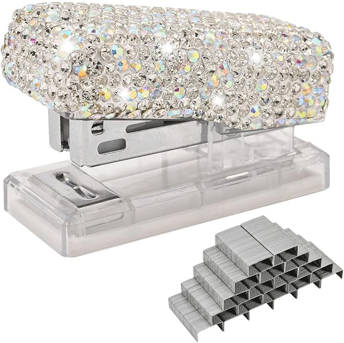 Bling Rhinestone Stapler, Sparkly Diamond Staplers, Cute Desk Stapler for Women & Girls, Bling Crystal Machine Pretty Office Stationery Kit (Clear with AB Color Plated, Small)