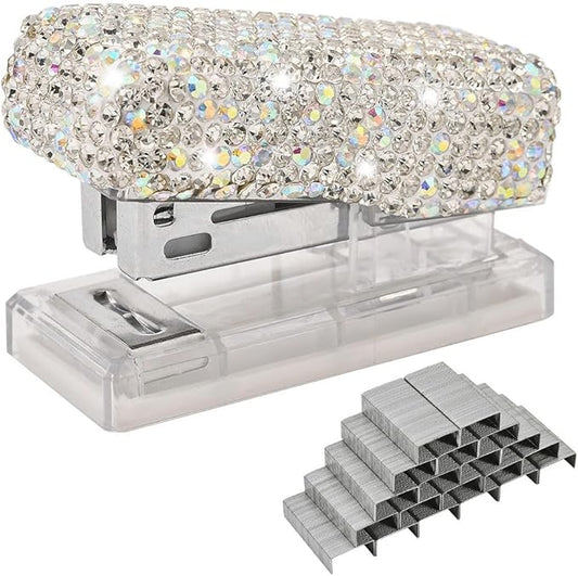 Bling Rhinestone Stapler, Sparkly Diamond Staplers, Cute Desk Stapler for Women & Girls, Bling Crystal Machine Pretty Office Stationery Kit (Clear with AB Color Plated, Small)