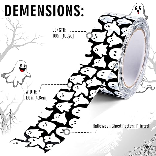 Whaline 109 Yard Halloween Packing Tape Black White Ghost Decorative Gift Wrapping Tape for Small Business DIY Crafts Box Carton Decor