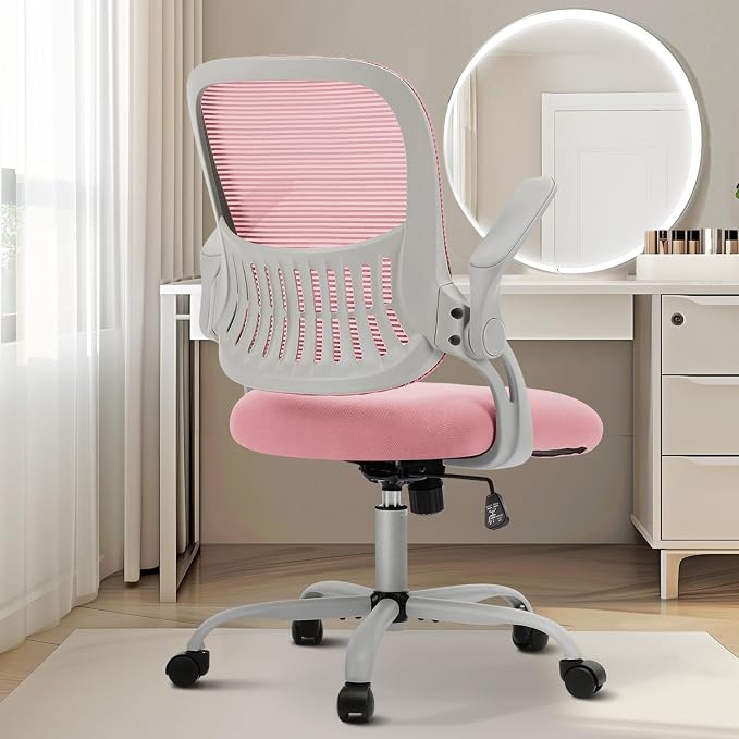 Sweetcrispy Home Office Chair, Mesh Office Chair, Lumbar Support, Pink | Adjustable Height, 360° Swivel Wheels, Mid-Back, Comfy Flip-up Arms for Small Space, Bedroom Study, Managerial Executive