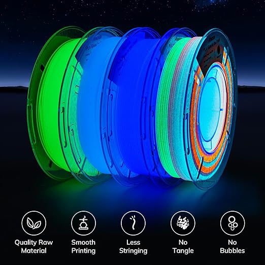 AMOLEN Glow in The Dark 3D Printer Filament Bundle, Glow Filament Multicolor, 5 Meter Rainbow, Green, Blue and Blue-Purple, 1.75mm PLA Filament, Dimensional Accuracy +/- 0.02 mm, 200g X 4 Pack