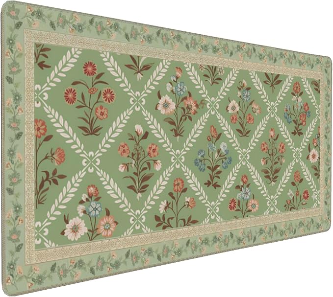 XXL Large Floral Mouse Pad - Sage Green Flower Desk Mat with Stitched Edges & Anti-Slip Base, Computer Keyboard Mat for Office & Home, Desk Decor for Women