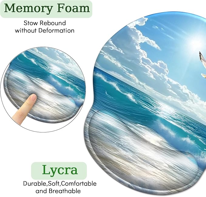 Beach Ocean Wave Mouse Pad with Wrist Rest, Ergonomic Mouse Pad Wrist Support with Non-Slip Pain Relief PU Base, Funny Computer Mousepad, Cute Office Supplies Home Desk Accessories Decor