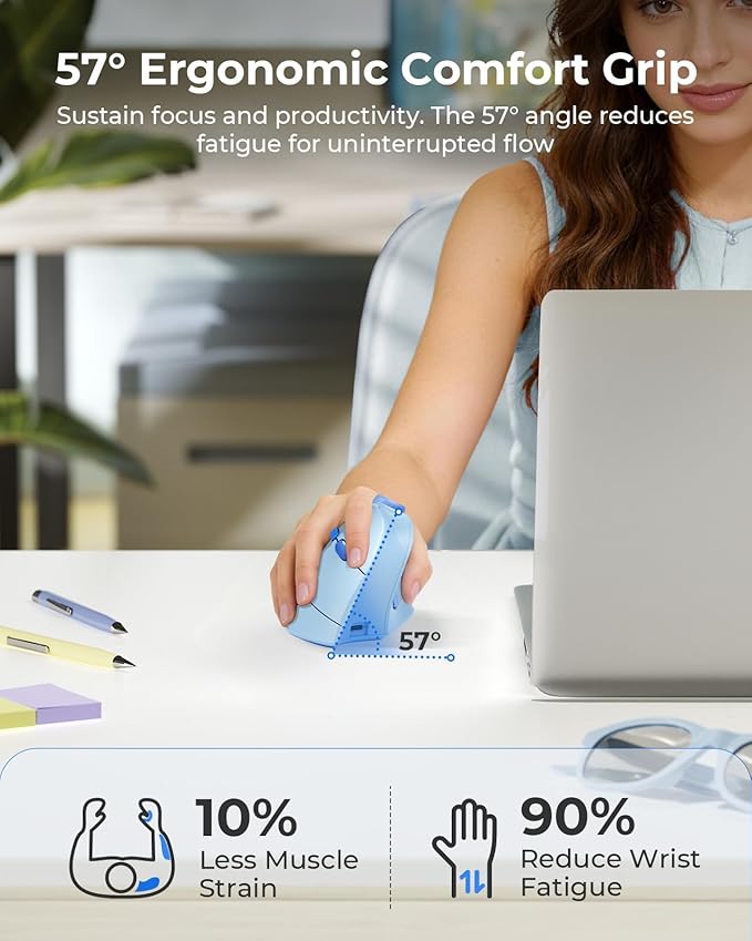 seenda Ergonomic Mouse Wireless, MOU-302 Bluetooth Vertical Mouse Rechargeable, Optical Mice with 1000/1600/2400 DPI, Volume Knob, 3 Multi-Device Connectivity for Computer/PC/Laptop/Mac, Blue