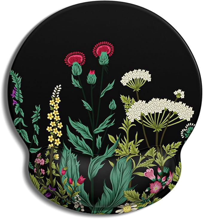 Auhoahsil Ergonomic Mouse Pad with Wrist Rest, Comfortable Silicone Non-Slip Computer Pain Relief Gel Mouse Mat with Wrist Support for Gaming, Work, Office, Women & Men, Cute Pattern, Night Flowers