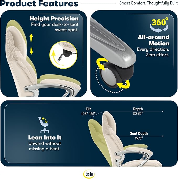 Serta Bryce Executive Office Chair - Ergonomic Computer DeskChair with Lumbar Technology - Adjustable Height - Memory Foam Body Pillows - 360° Swivel Rolling Base - Bonded Leather - Cream
