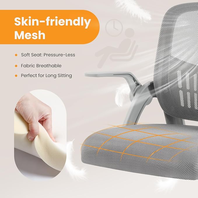Sweetcrispy Computer Desk Chair, Home Office Chair, Lumbar Support | Flip Up Armrest, Adjustable Height, 360° Swivel Wheels, Ergonomic Mesh Mid-Back, Comfy Arms Bedroom Study