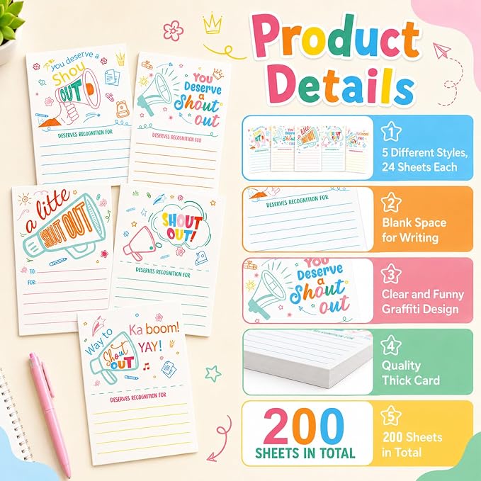 200 Count Colorful Shout Out Cards Positive Appreciation Recognition Reward Cards Encouragement Postcard Set for Employees Teachers Students Staff Office Back to School or Work Bulletin Board