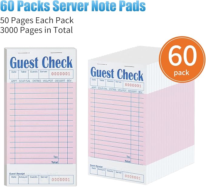 ZPARIK 60 Pack/3000 Tickets Guest Checks Books for Servers, Pink | 50 Sheets Per Pack, Total 3000 Total Tickets; Durable Server Notepads for Cafes, Diners & Restaurant Staff