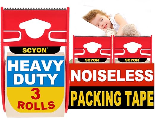 SCYON Packing Tape, Clear Packing Tape with Dispenser, 1.88 in. x 22.2 yd., 3 Noiseless Shipping Tape Rolls, 2 mil, Tranparent Boxing and Packaging Tape for Mailing, Moving Supplies.