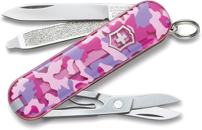 Victorinox Classic SD Swiss Army Knife, Compact, 7 Functions, Swiss Made Pocket Knife with Small Blade, Screwdriver and Key Ring - Pink Camouflage