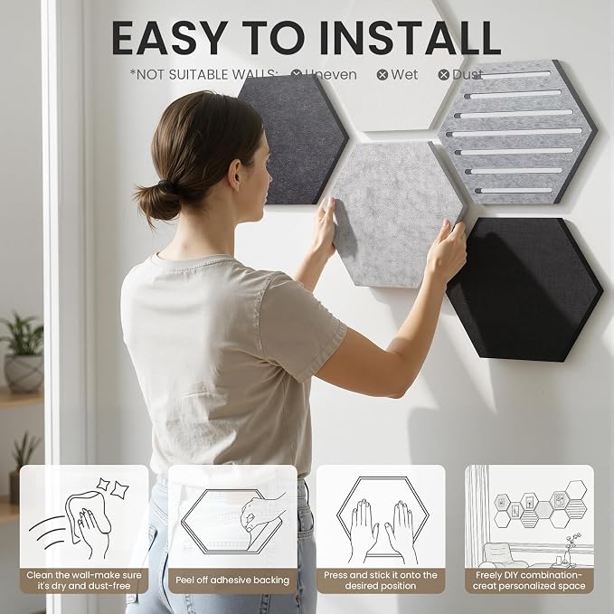 Hexagon Cork Bulletin Board Tiles, 10 Pack Felt Board with 25 Push Pins, Photo Display Board for Office & Home Classroom Wall Decor, 11.8x10.2 Inches