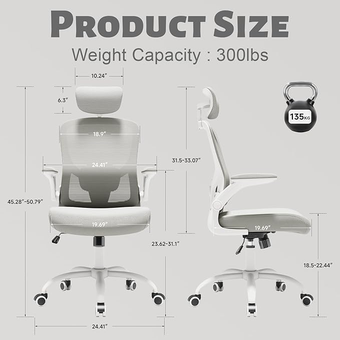 Ergonomic Chair for Office- Study Chair,300lb Gaming Chair, Mesh Comfortable High Back Chair, Headrest, Lumbar Support, Armrest, Comfy Seat for Man Woman(White-Grey6076)