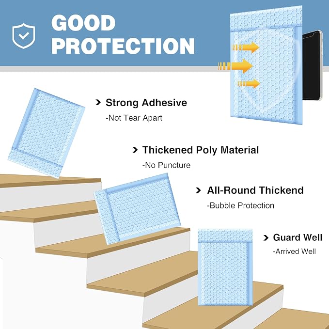 Famagic Bubble Mailers 4x8 Inch 100pcs Light Blue Shipping Bags, Chic Packaging Bags For Small Business, Colored Padded Mailing Envelopes, Opaque Matte Self Seal Bubble Poly Mailers Bulk #000