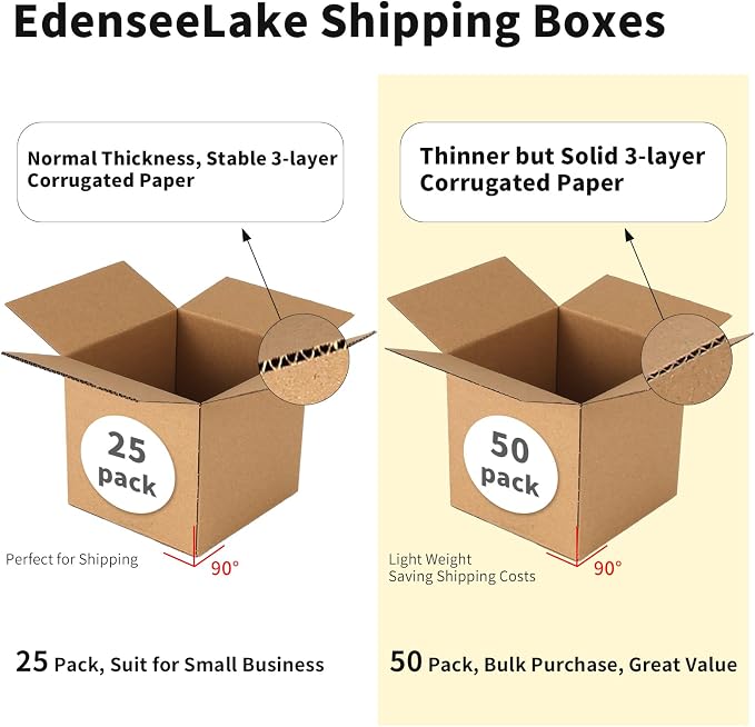 Edenseelake 50 Pack 5x5x5 inches Shipping Boxes Corrugated Cardboard Boxes for Packing, Moving, Mailing, Brown