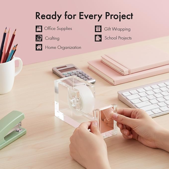 OfficeGoods Acrylic Tape Dispenser, Aesthetic and Compact Design, Rose Gold | Modern desk accessory for office, Heavy duty refillable tape holder for crafting, Stylish desktop accessory for gift wrapping
