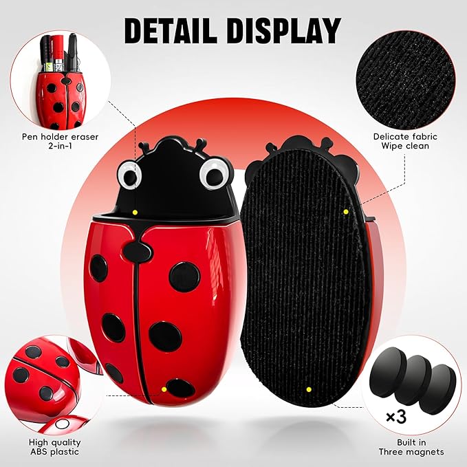Magnetic Pen Holder for Fridge Whiteboard, 2-in-1 Magnetic Marker Holder Dry Erase Marker Whiteboard Eraser, Cute Ladybug Pencil Cup Desk Organizer for Classroom Office School Home (4-Pack)