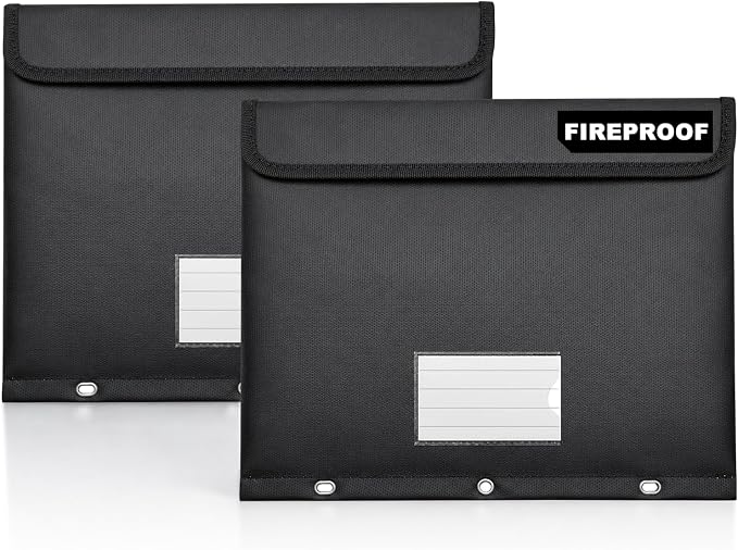 Fireproof 3 Ring Binder Pocket, Document Bag Side Loading, 2 Pack | Water Resistant,Heat Insulated,Hook&Loop Closure,Binder Folders,Safe Storage for Home Office Travel,Letter Size, Black