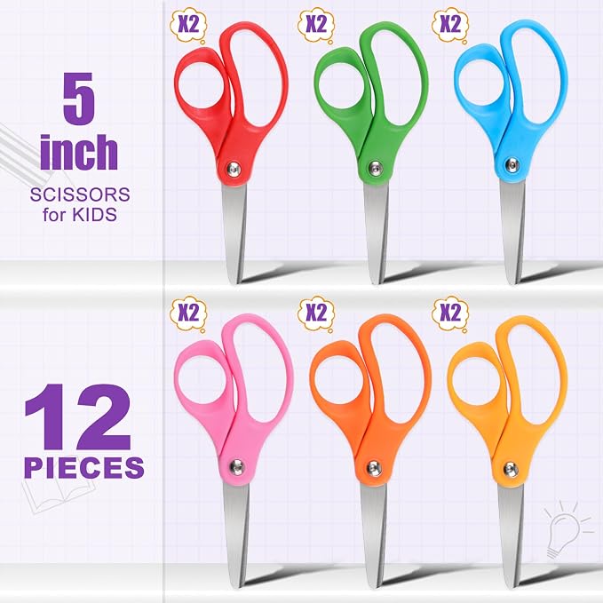 BURVAGY 12 Pack 5" Kids Scissors Safety Children Small Scissors for School | 5 Inch Kid Scissors Bulk Blunt Round Tip Scissors Children Student Scissors for Classroom Kindergarten Age 5-8 Comfort Grip