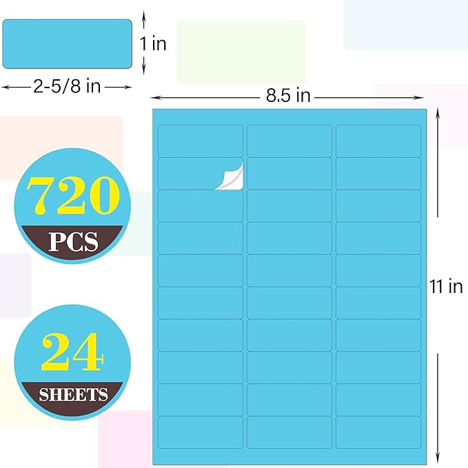YSHIHE 1" x 2-5/8" Colored Labels Stickers 8 Colors Bright Moving Labels 24 Sheets,720 Labels for Laser/Inkjet Printer, Permanent Adhesive