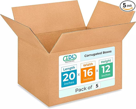 Large Shipping & Moving Boxes 20 x 16 x 12 inches (5-Pack) - Extra Strength 200 lb vs Regular - USA-Made Corrugated Packing Boxes for USPS/FEDEX - Heavy Duty Moving Box - Box Large by IDL Packaging