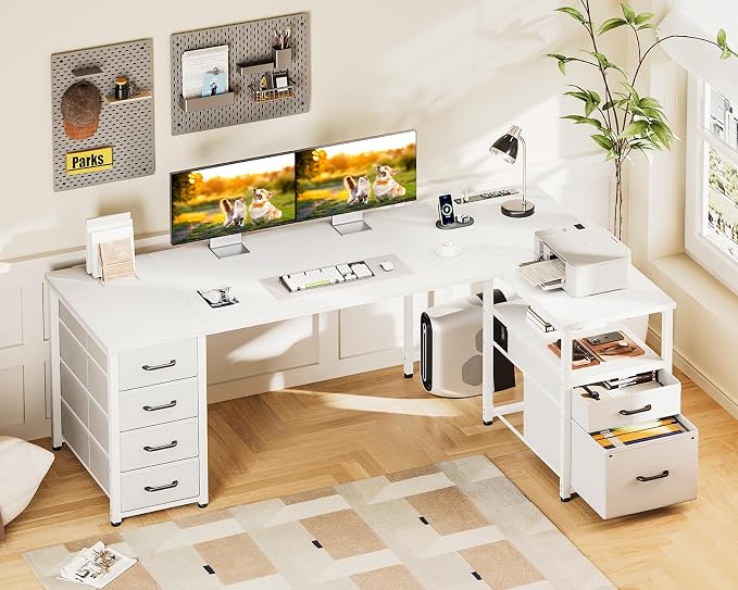 Coleshome 63 Inch L Shaped Office Desk with 6 Drawers, Power Outlet, White | 5 Fabric Drawers, File Drawer, USB and Type-C Ports, Open Storage Shelf, Reversible Layout for Home Office