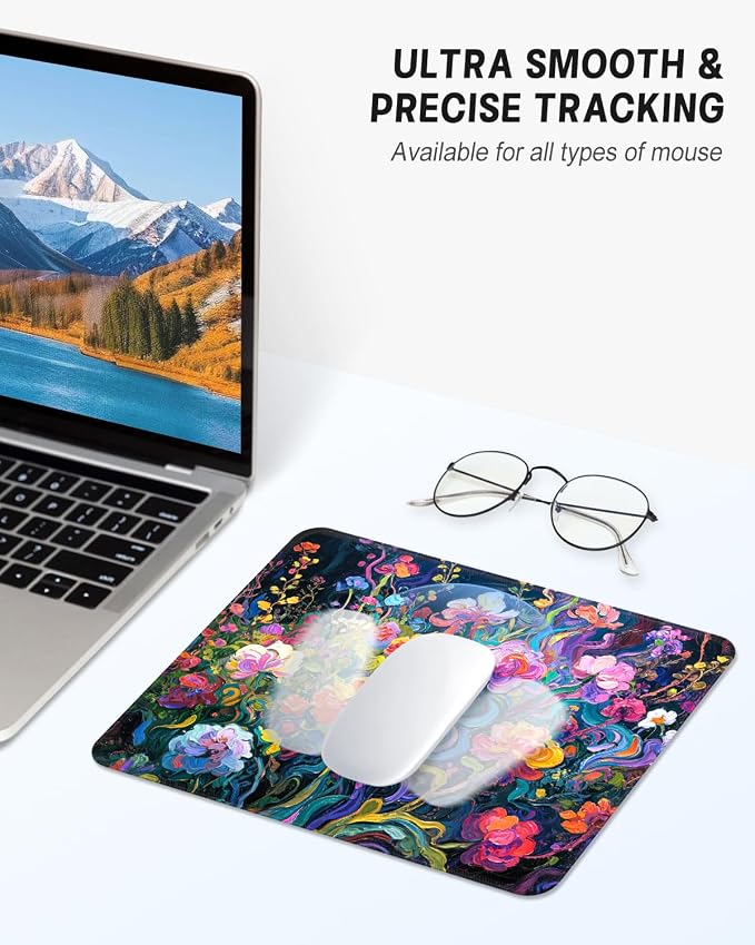 Mouse Pad, Cute Mouse Mat, 10" x 8", Colorful Oil Painting Flower | Square Waterproof Gaming Computer Mat, Textured Top, Stitched Edges, Non-Slip Rubber Base for Office Home Laptop Keyboard