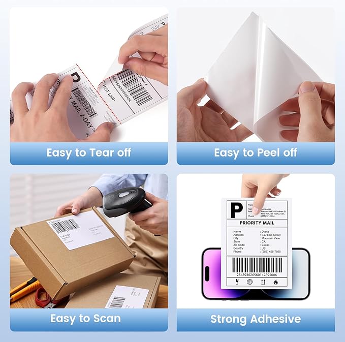 Phomemo 4x3 Thermal Labels for Shipping Label Printer 500PCS Water/Oilproof | Commercial Logo Stickers for Business Customized Compatible with JADENS/Nelko/KNAON/Rollo/MUNBYN and Other 4x6 Label Printers