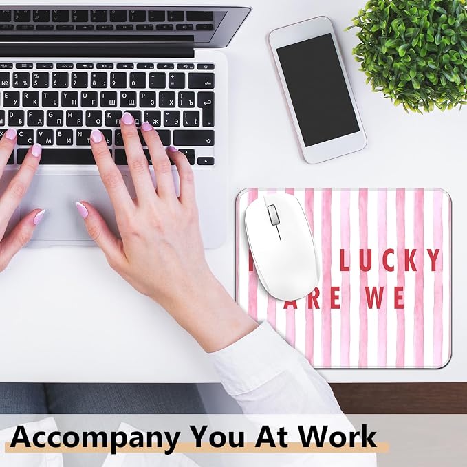 Pink Positive Affirmations Mouse Pad, How Lucky are We Inspirational Striped Square Mousepad Mouse Mat with Anti-Slip Rubber Base for Computer Laptop Home Office Dorm Desk, 9.5x7.9 in