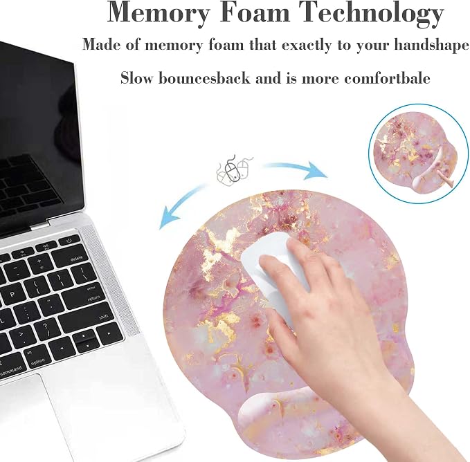 Pink Ergonomic Mouse Pad with Wrist Rest, Gaming Mouse Pad with Wrist Support,Gold Marble Mouse Pads for Desk for Women, Computer Mousepad with Non-Slip Rubber Base, Cute Office Desk Accessories
