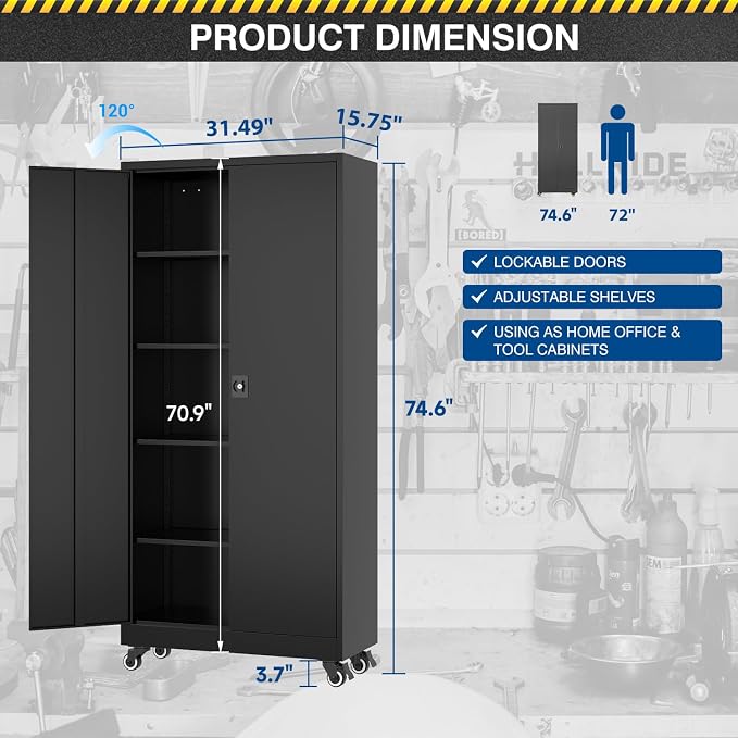 Fesbos Metal Rolling Storage Cabinet-74.6” Tall Steel File Cabinets with Wheels Lockable Doors and Adjustable Shelves-Black Steel Storage Cabinet for Home, School, Office, Garage