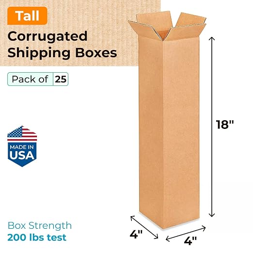 Tall Moving & Shipping Boxes 4"L x 4"W x 18"H (25-Pack) - Extra Strength 200 lb vs Regular - Corrugated Moving Boxes, Made in USA - Durable Cardboard Box for Shipping by IDL Packaging | Extra Strength 200 lb vs Regular - Corrugated Moving Boxes - Durab...