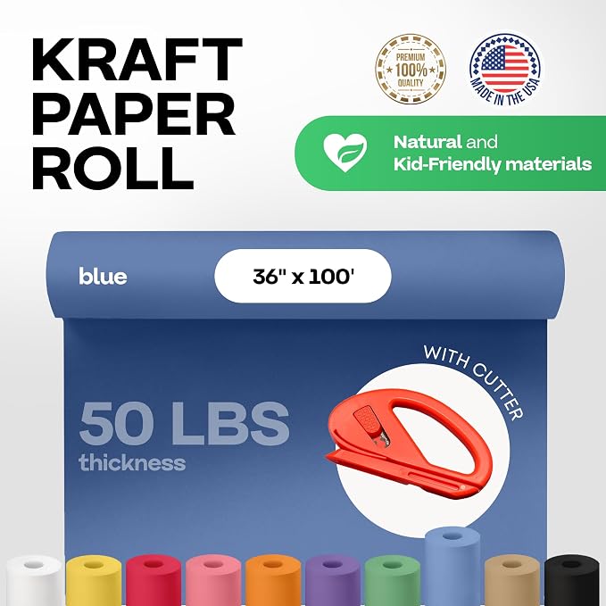 Blue Kraft Paper Roll 36" x 1200" (100 feet) with Cutter - USA-Made Wrapping Paper for Packing, Moving, Shipping & Crafts/Arts - 100% Recyclable Natural Craft Material by IDL Packaging | Wrapping Paper for Packing, Moving, Shipping & Crafts/Arts - 100%...