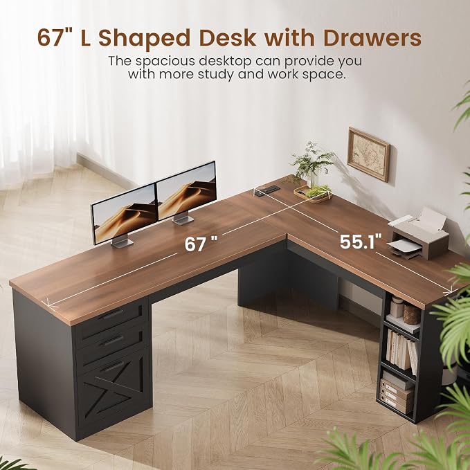 SEDETA 67" Farmhouse Executive L Shaped Desk with 3 Drawers | Executive Home Office Desks with Storage Shelves, Corner Computer Desk with Power Outlets for Home Office,Black and Brown