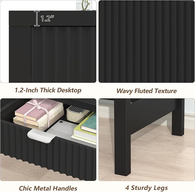 39 Inch Small Fluted Computer Desk with 2 Drawers for Bedroom, Home Office | Small Computer Desk with Storage, Compact Writing Study Desk for Small Spaces, Black