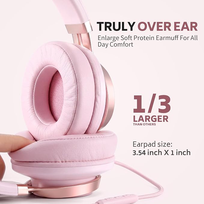 Wired Over-Ear Headphones Pink with Mic for School Work, 3.5mm Jack | Corded Passive Noise Isolating Stereo Headphones with Volume Control, Comfort Protein Leather Earcups for Teens, Women, Girls