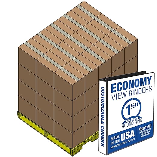 Samsill Economy 1.5 Inch 3 Ring Binder Bulk Pallet, Round Ring Binder, Customizable Clear View Cover, Black, Pallet of 720 Binders in 60 Cartons