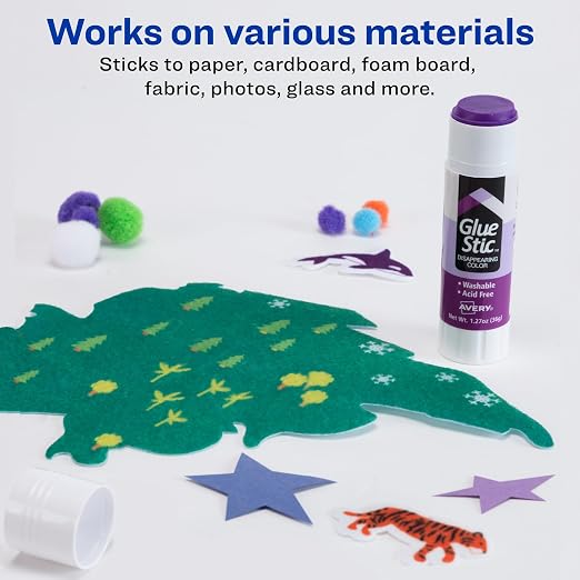 Avery Glue Stic, Disappearing Purple, Washable, 1.27oz, 6 Glue Sticks (98071)