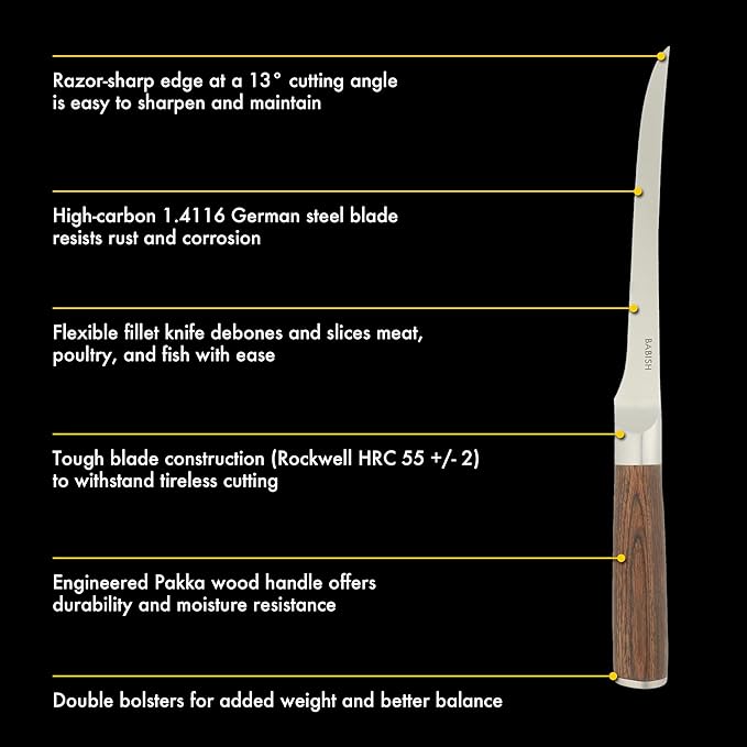 Babish 1.4116 German Stainless Steel Boning & Fillet Knife with Dark Pakka Wood Handle – 6-Inch Full-Tang Flexible Kitchen Knife for Meat, Poultry, Fish & Precision Butchering