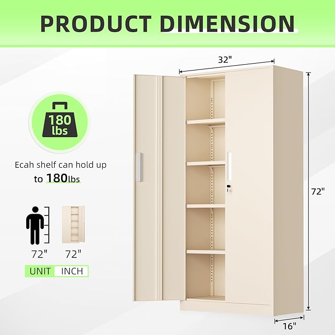 Tall Metal Storage Cabinet, 72" Locking Steel Cabinet with Door and Shelves, Utility Cabinets for Office, Garage,Home,(Gray)