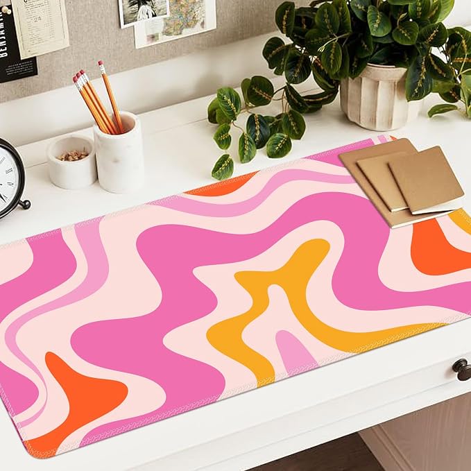 iCasso Large Mouse Pad (35.4x15.7 in), Keyboard Mouse Mat Desk Pad for Work | Desk Mat Gaming Mousepad with Stitched Edges, Game, Office, Home-Pink Topographic