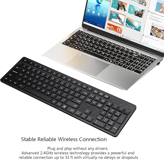 Harburfine Wireless Keyboard, 2.4G USB External Silent Cordless Keyboard for Windows Chrome Laptop Computer PC Desktop Notebook Chromebook, Quiet 106 Keys Full Size with Number Pad (Black)