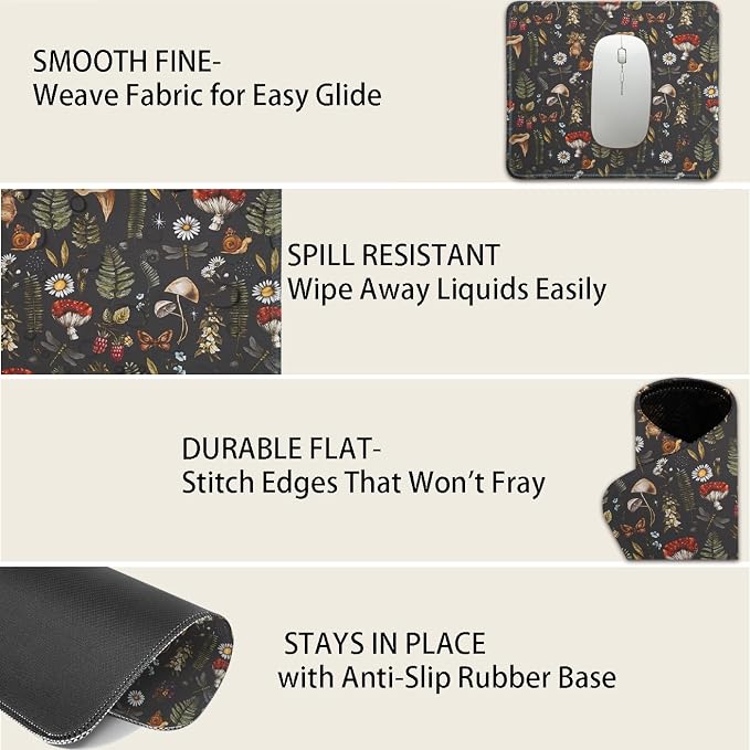 Mouse Pad for Desk with Stitched Edge, Premium Cute Washable Mouse Pads. Computer Mousepad with Non-Slip Rubber Base, Mousepads for Laptop, 9.25x7.75x0.12 inch (Mushroom Mirage)