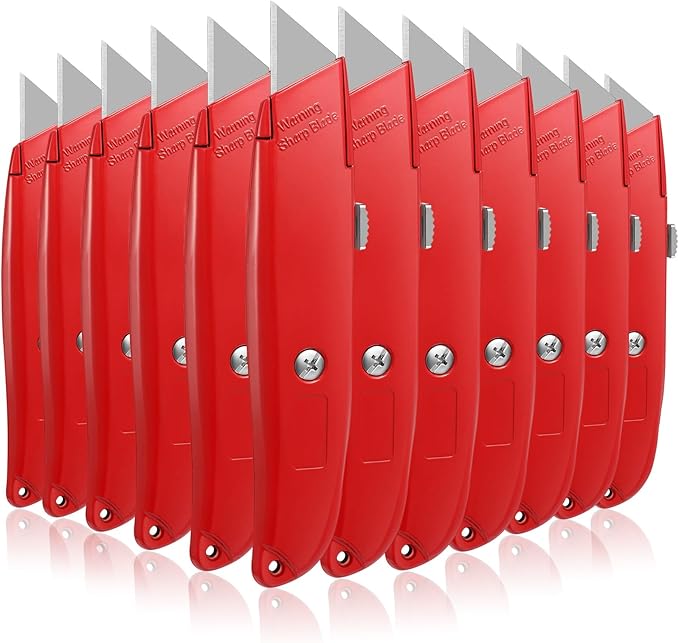 Lasnten 12 Pcs Box Cutter Bulk Retractable Utility Knife Heavy Duty Aluminum Alloy Carpet Knife Package Opener Cutter Blade for Cardboard Plastics Cartons DIY Home Warehouse Office(Red)